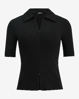 Ribbed Double Zipper Front Short Sleeve Polo - thumbnail 4