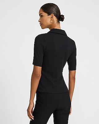 Ribbed Double Zipper Front Short Sleeve Polo - thumbnail 2