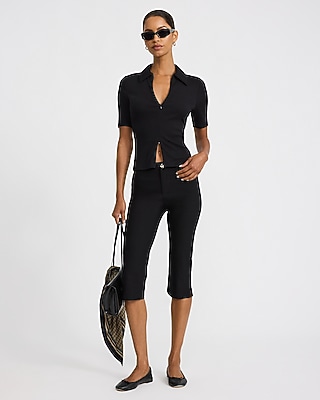 Ribbed Double Zipper Front Short Sleeve Polo - thumbnail 3