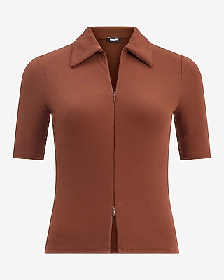 Ribbed Double Zipper Front Short Sleeve Polo - thumbnail 8