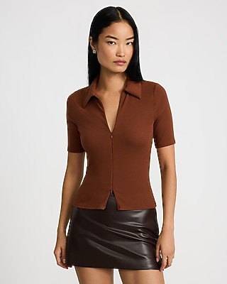 Ribbed Double Zipper Front Short Sleeve Polo - thumbnail 5