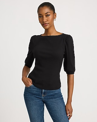 Ribbed Boat Neck Puff Sleeve Tee - thumbnail 5