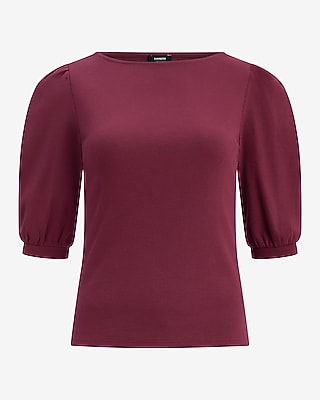 Ribbed Boat Neck Puff Sleeve Tee