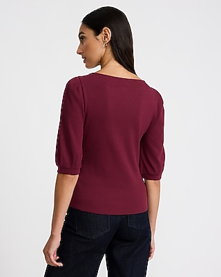 Ribbed Boat Neck Puff Sleeve Tee