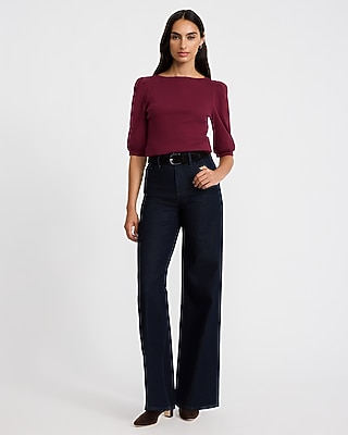 Ribbed Boat Neck Puff Sleeve Tee