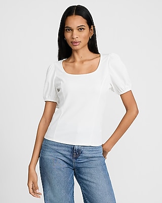 Mixed Media Crew Neck Short Puff Sleeve Tee | Express