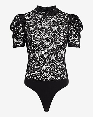 Sheer Lace Crew Neck Puff Sleeve Bodysuit