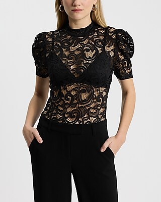 Sheer Lace Crew Neck Puff Sleeve Bodysuit