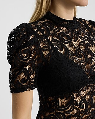 Sheer Lace Crew Neck Puff Sleeve Bodysuit