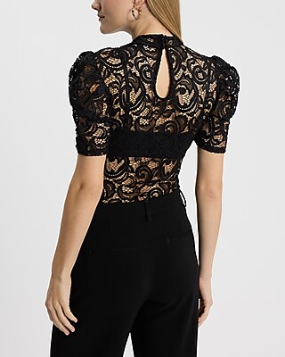 Sheer Lace Crew Neck Puff Sleeve Bodysuit