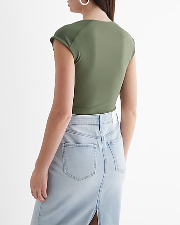 Zara Ruffle Sleeve Bodysuit Green Womens Size S/M Cotton Stretch