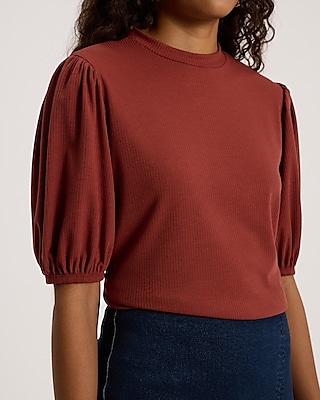 Ribbed Crew Neck Puff Sleeve Tee