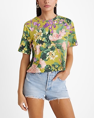 Floral Crew Neck Short Sleeve Cropped Boyfriend Tee