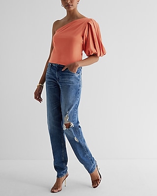 Skimming One Shoulder Puff Sleeve Tee