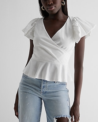 Eyelet V-neck Flutter Sleeve Ruched Tie Waist Top