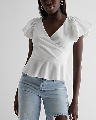 V-neck Flutter Sleeve Wrap Peplum Top | Express