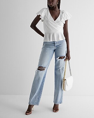V-neck Flutter Sleeve Wrap Peplum Top | Express