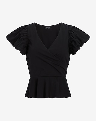 V-Neck Flutter Sleeve Wrap Peplum Top