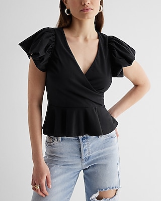 V-neck Flutter Sleeve Wrap Peplum Top | Express