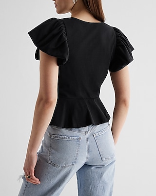 V-Neck Flutter Sleeve Wrap Peplum Top