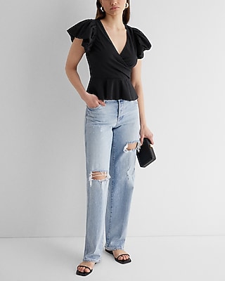 V-Neck Flutter Sleeve Wrap Peplum Top