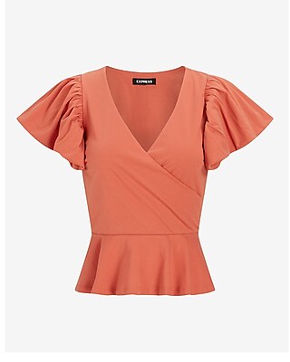 V-Neck Flutter Sleeve Wrap Peplum Top