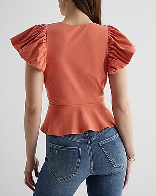 V-Neck Flutter Sleeve Wrap Peplum Top