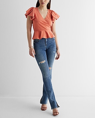 V-Neck Flutter Sleeve Wrap Peplum Top