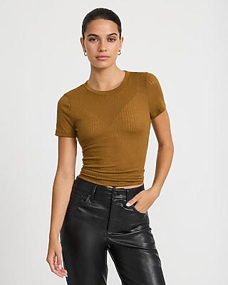Sheer Textured Crew Neck Short Sleeve Tee | Express
