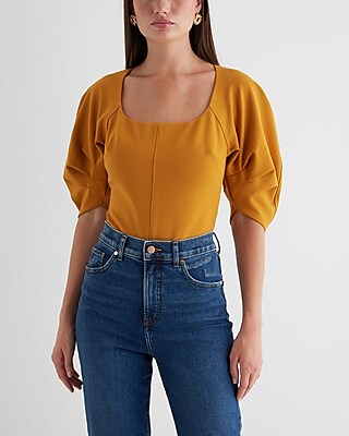 Fitted Ponte Square Neck Puff Sleeve Bodysuit