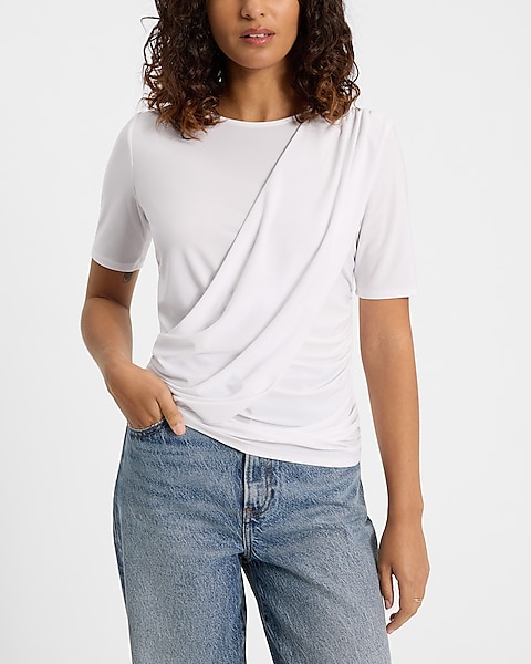 Crew Neck Short Sleeve Draped Ruched Tee | Express Crew Neck Short Sleeve Draped Ruched Tee | Express