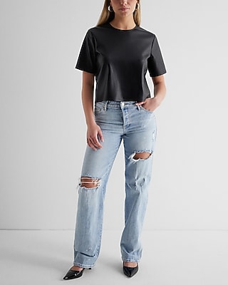 Skimming Faux Leather Crew Neck Boxy Tee