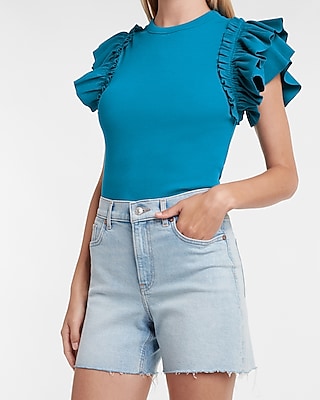 Ribbed Ruffle Sleeve Tee | Express