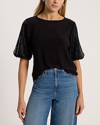 Crew Neck Shine Puff Sleeve Tee