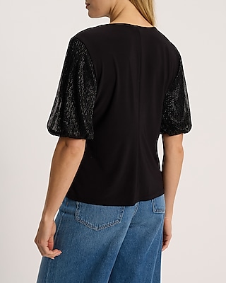 Crew Neck Shine Puff Sleeve Tee