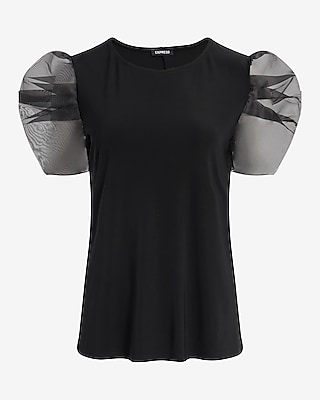 Crew Neck Organza Puff Sleeve Tee