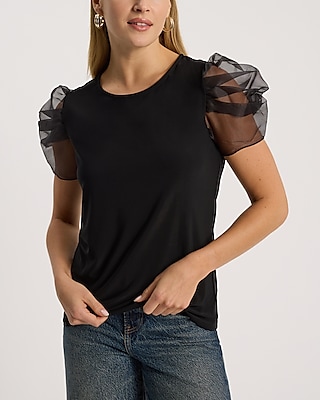 Crew Neck Organza Puff Sleeve Tee