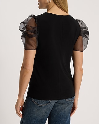 Crew Neck Organza Puff Sleeve Tee