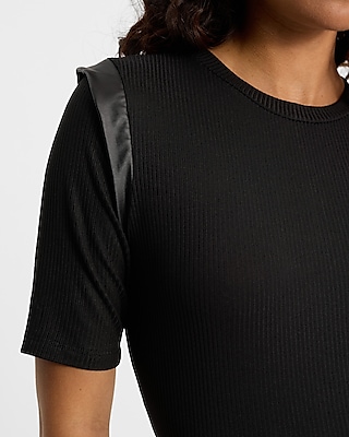 Ribbed Faux Leather Panel Crew Neck Tee