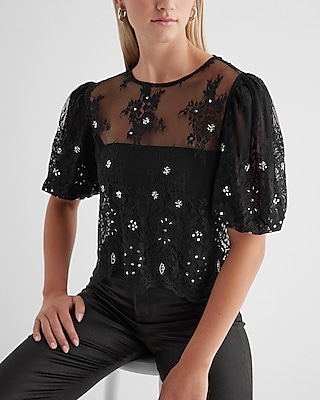 Skimming Lace Embellished Puff Sleeve Boxy Tee