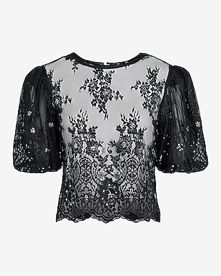 Skimming Lace Embellished Puff Sleeve Boxy Tee