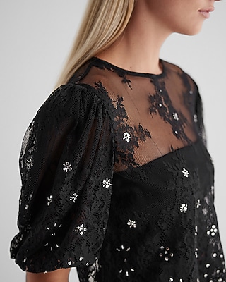 Skimming Lace Embellished Puff Sleeve Boxy Tee