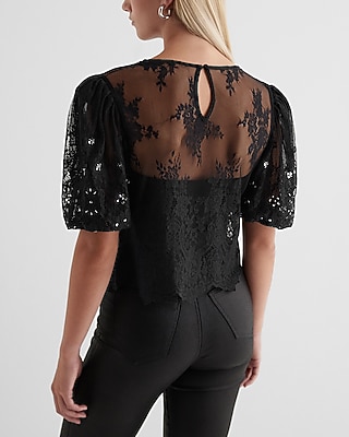Skimming Lace Embellished Puff Sleeve Boxy Tee