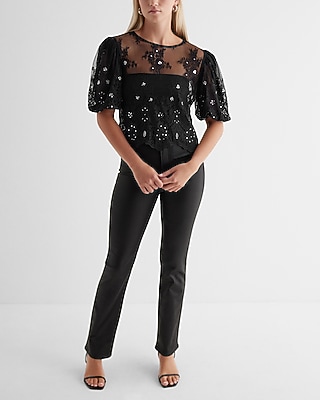 Skimming Lace Embellished Puff Sleeve Boxy Tee