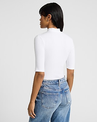 Essential Fitted Ribbed Mock Neck Elbow Sleeve Tee
