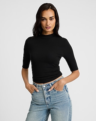 Ribbed Mock Neck Elbow Sleeve Tee