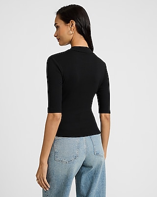 Ribbed Mock Neck Elbow Sleeve Tee