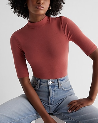 Ribbed Mock Neck Elbow Sleeve Tee