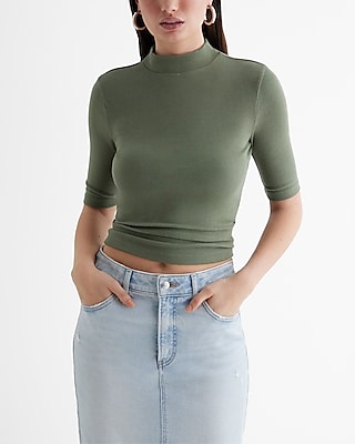 Ribbed Mock Neck Elbow Sleeve Tee