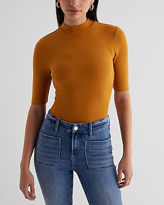 Ribbed Mock Neck Elbow Sleeve Tee